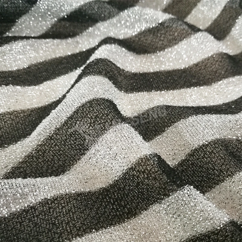 60g Polyester Knit Fabric , Black and White Classic Lurex Stripe Mesh , See Through Glitter Mesh Fabric for Dress