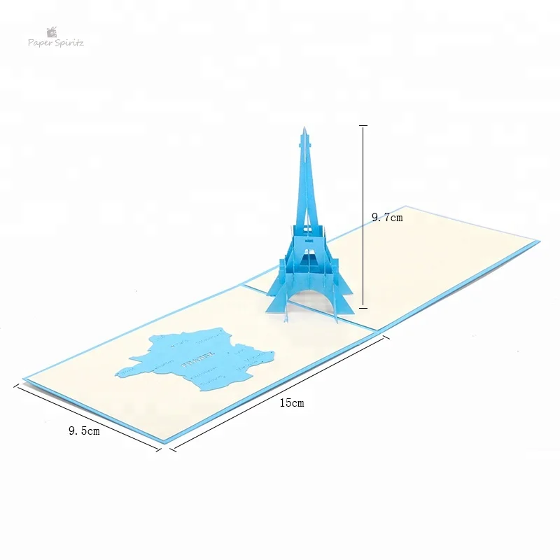 3D greeting card blue Eiffel Tower papercuting origami gift pop up cards