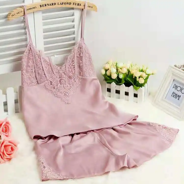
Wholesale Stock Custom Women Nightwear Satin Silk Camisole Pajamas 