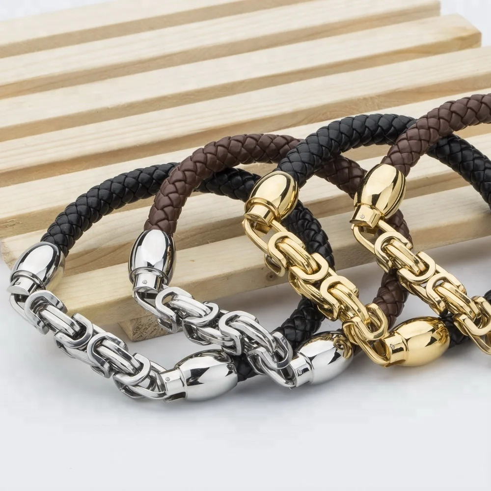 New Fashion Genuine Leather Bracelet Men Casual Classic Stainless Steel Bracelets Brand Wrap Charm Male Bracelets
