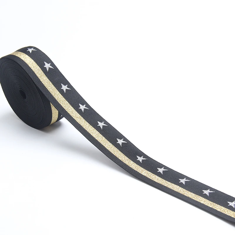 Черная жаккардовая тканая тесьма золотая линия многоцветная с 5 звездами Серебряный Логотип 2 дюйма