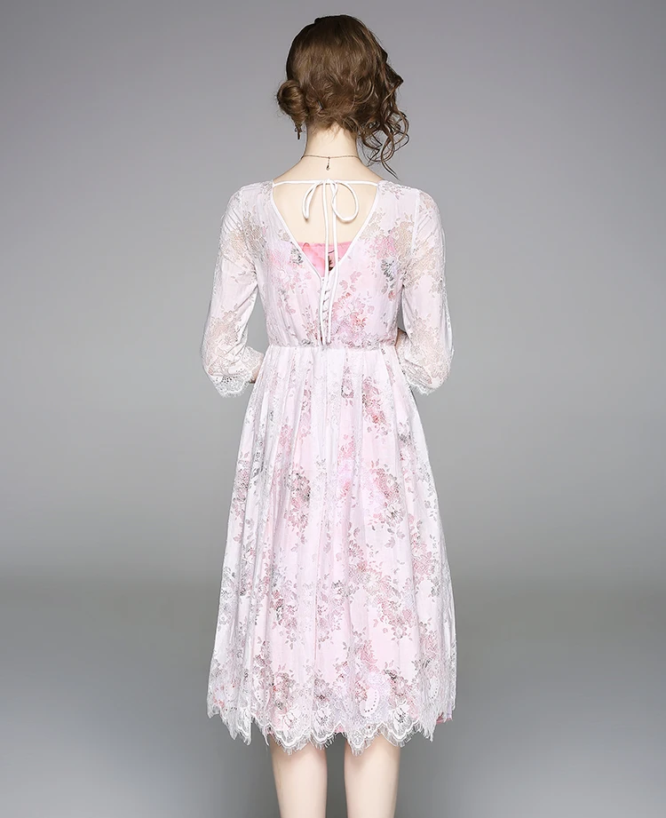 
Wholesale M to XXL Women Fashion Three Quarter Sleeve Print Chiffon Tank Dress with Elegant A Line Lace Dress Twinset 
