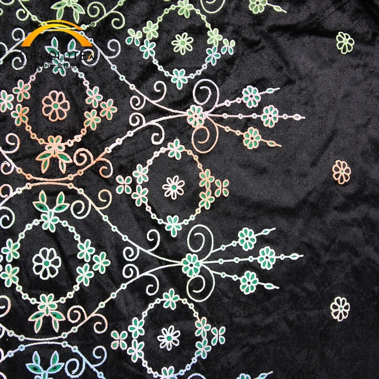 
Custom elegant luxury dense composite coatings velour black embroidered velvet fabric 