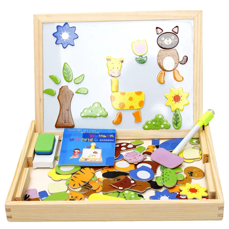 Hot Sale Educational Multi-function Wooden Easel Whiteboard Blackboard Kid Toy Cartoon Magnetic Puzzle
