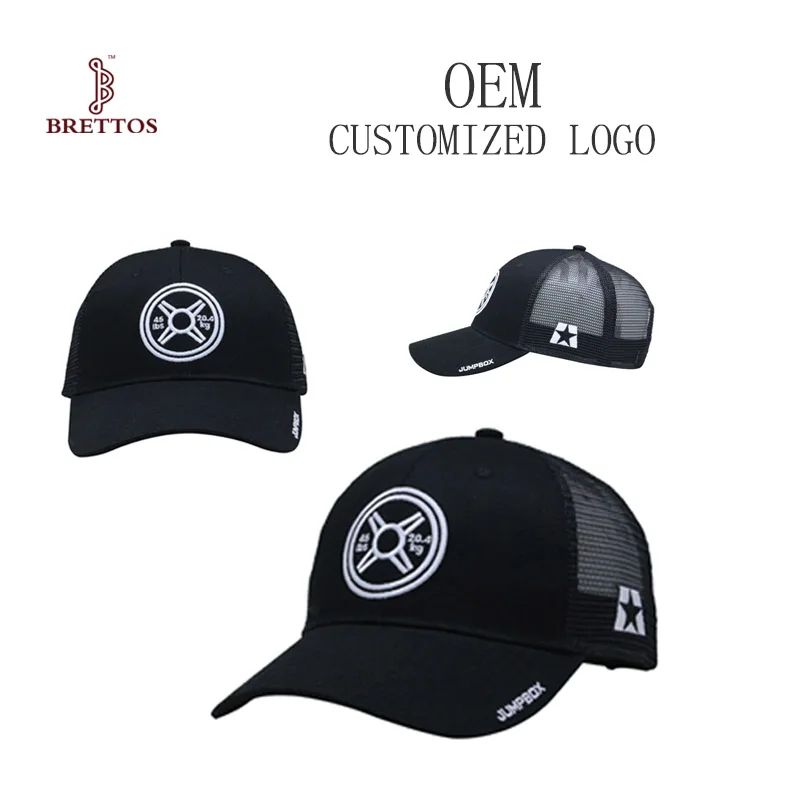 
Black Custom caps logo Embroidery 6 Panel Mesh Trucker Hat 