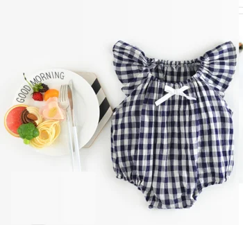 Wholesale baby clothing flutter sleeve linen cotton plaid baby jumpsuit toddler girls romper