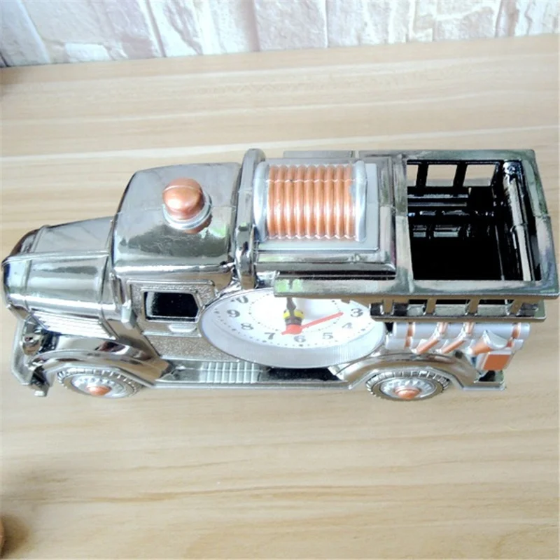 High Grade Fire Fighting Truck Shaped Antique Table Clock With Pen Box