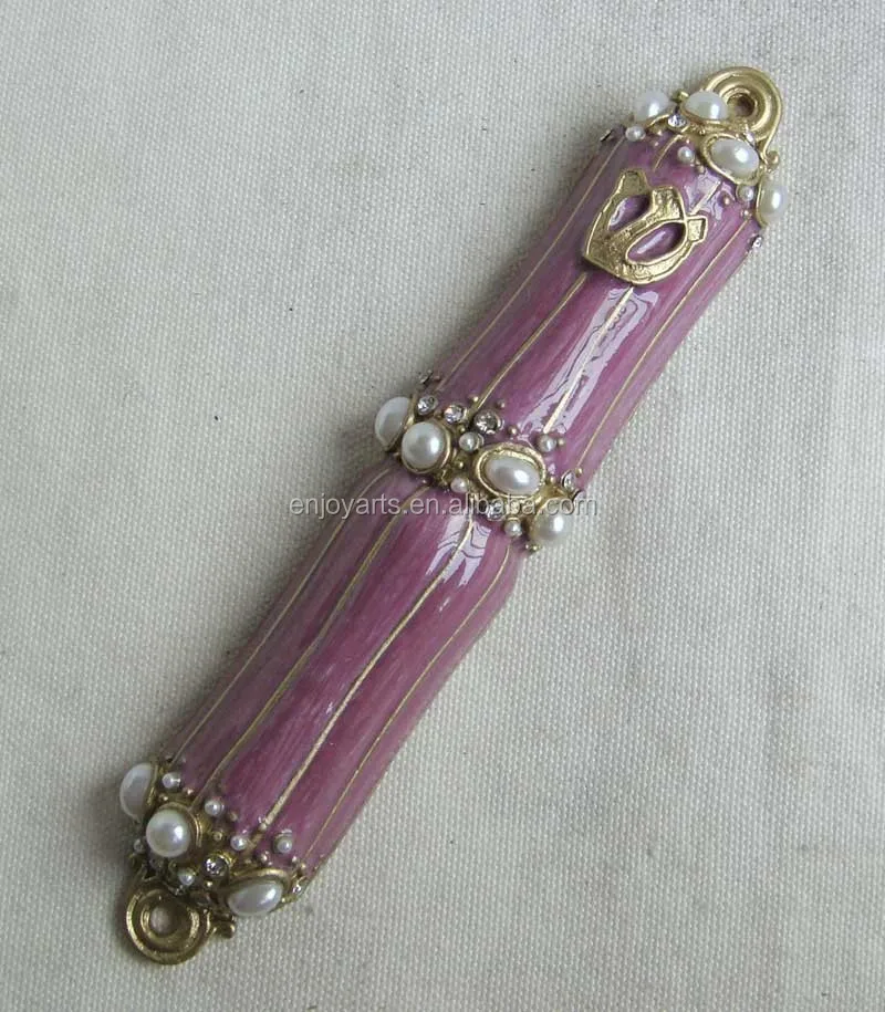Shiny Silver White Hand Enameled And Pearls Jeweled Metal Zinc Alloy Jewish Scroll Mezuzah Case(P32016c)