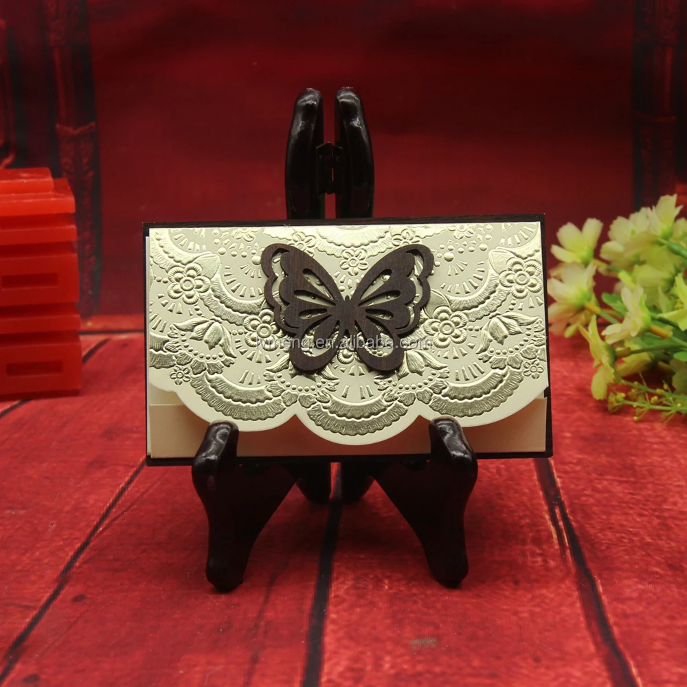 Butterfly wooden wedding invitation cards, gold embossed wedding invitations, different wedding invitations