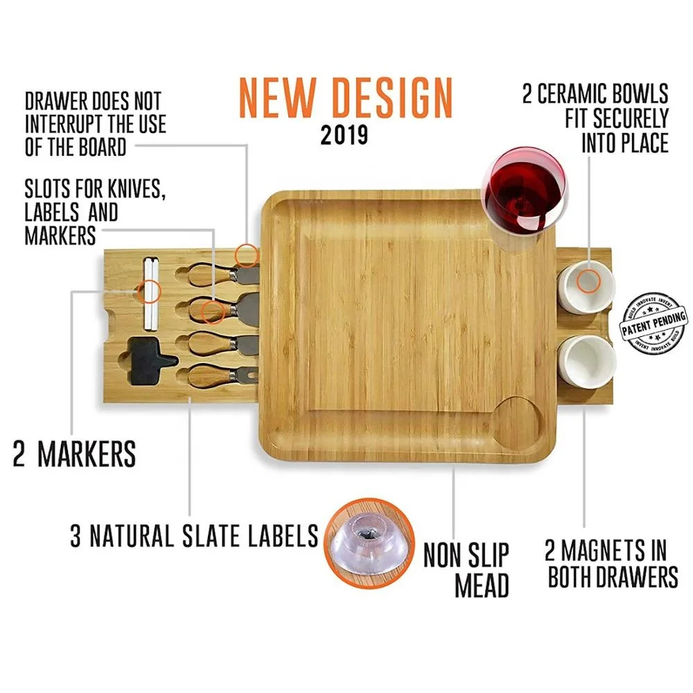 Bamboo Cheese Board Wooden Two Ceramic Bowls Two Magnet Drawers Serving Platter Cutlery Server Knife Set
