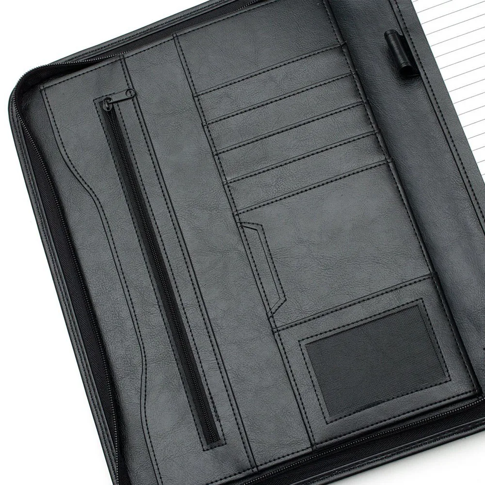 New Professional Portfolio Zippered Executive Padfolio With Handle PU Leather A4 Calculator Embossed Conference Briefcase