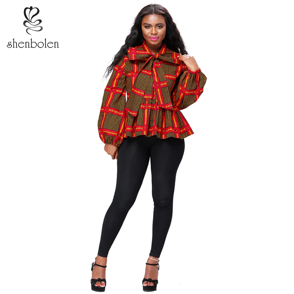 Fashion spring african print women long sleeve bow blouse ruffle bottom design casual top