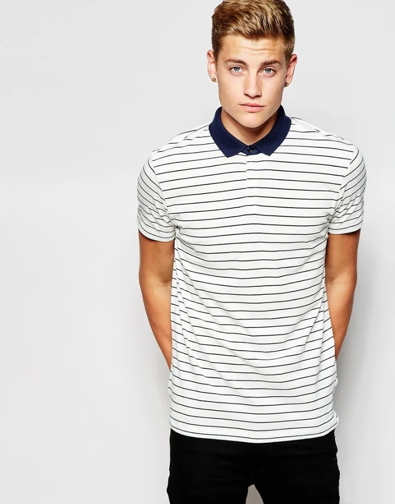 Мужская полосатая футболка с воротником-поло с вырезом и пришивным воротником