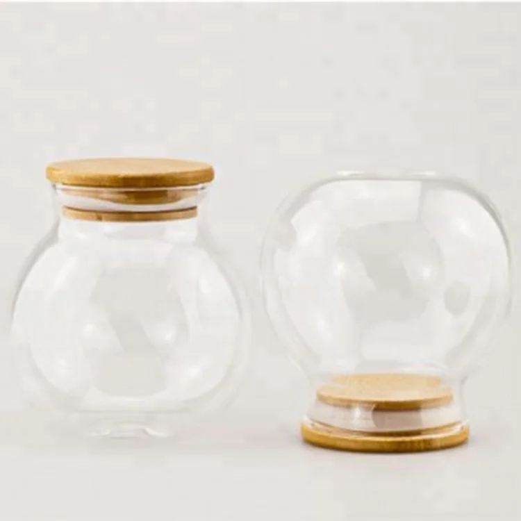 high borosilicate eco-friendly small round glass jar with wooden top