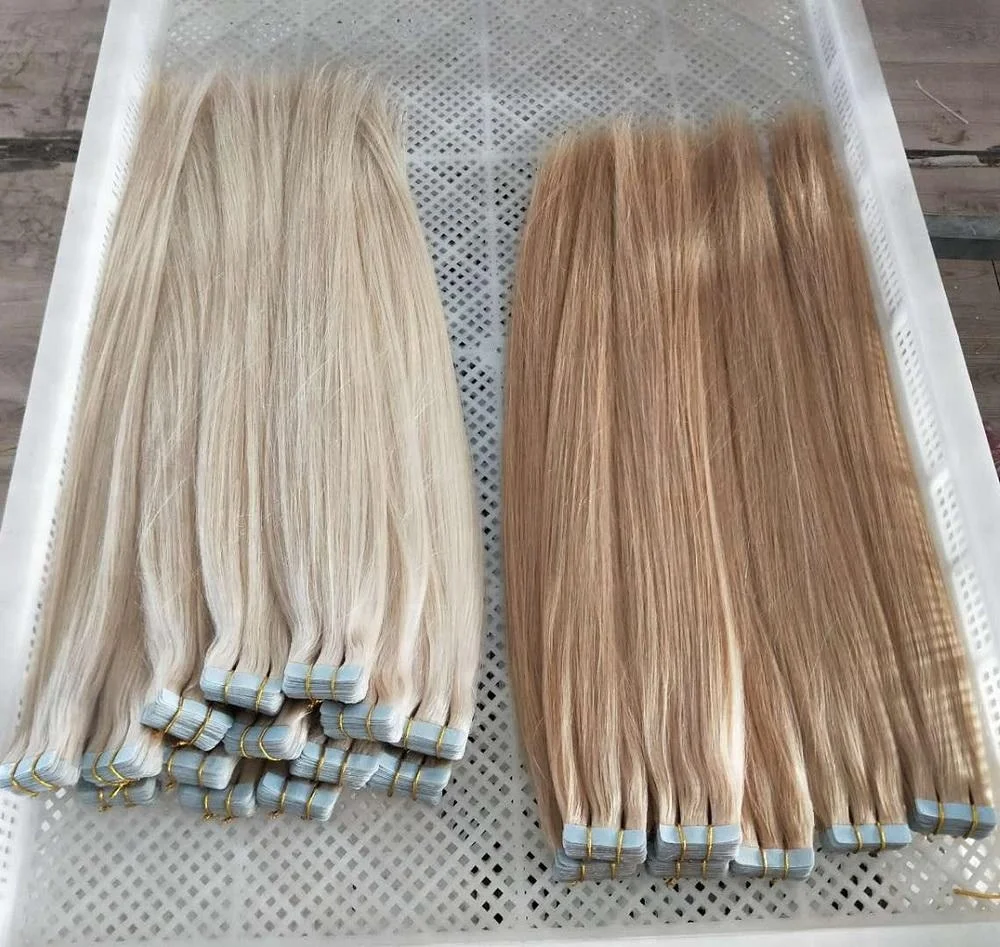 Light Blonde Tape In Human Hair Extensions Skin Weft Remy Russian Hair