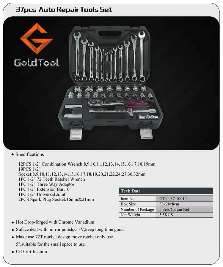 37pcs Mechanic Auto Kit hand Tool Set Metric Ratchet Torque Wrench Spanner Set
