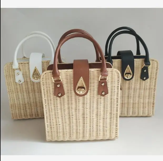 Factory outlet rattan and PU handle  woven straw small white lady hand bag