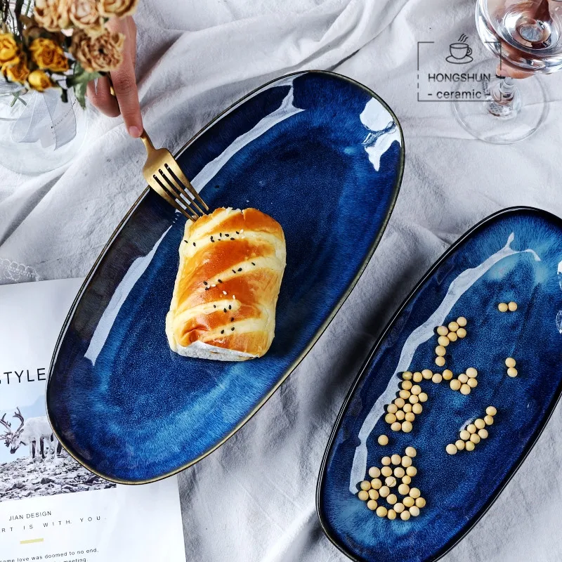 
Wholesale Classic Style Ceramic Reaction Glaze Blue Ellipse Oval Plate Porcelain Fish Cake Plate Charger Serving Plate 