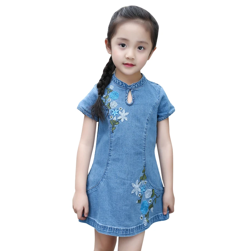 Заводская цена, китайский стиль, джинсовая ткань, Чонсам с вышивкой, джинсовое платье