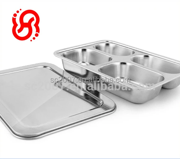 School Kids Rectangle Stainless Steel 4 Compartment Divided Dinner Plates with Cover