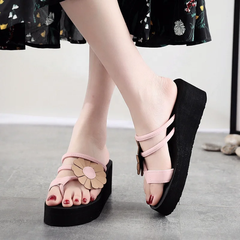 2019 summer girls high heel EVA flower  beach slipper flip flops sandals