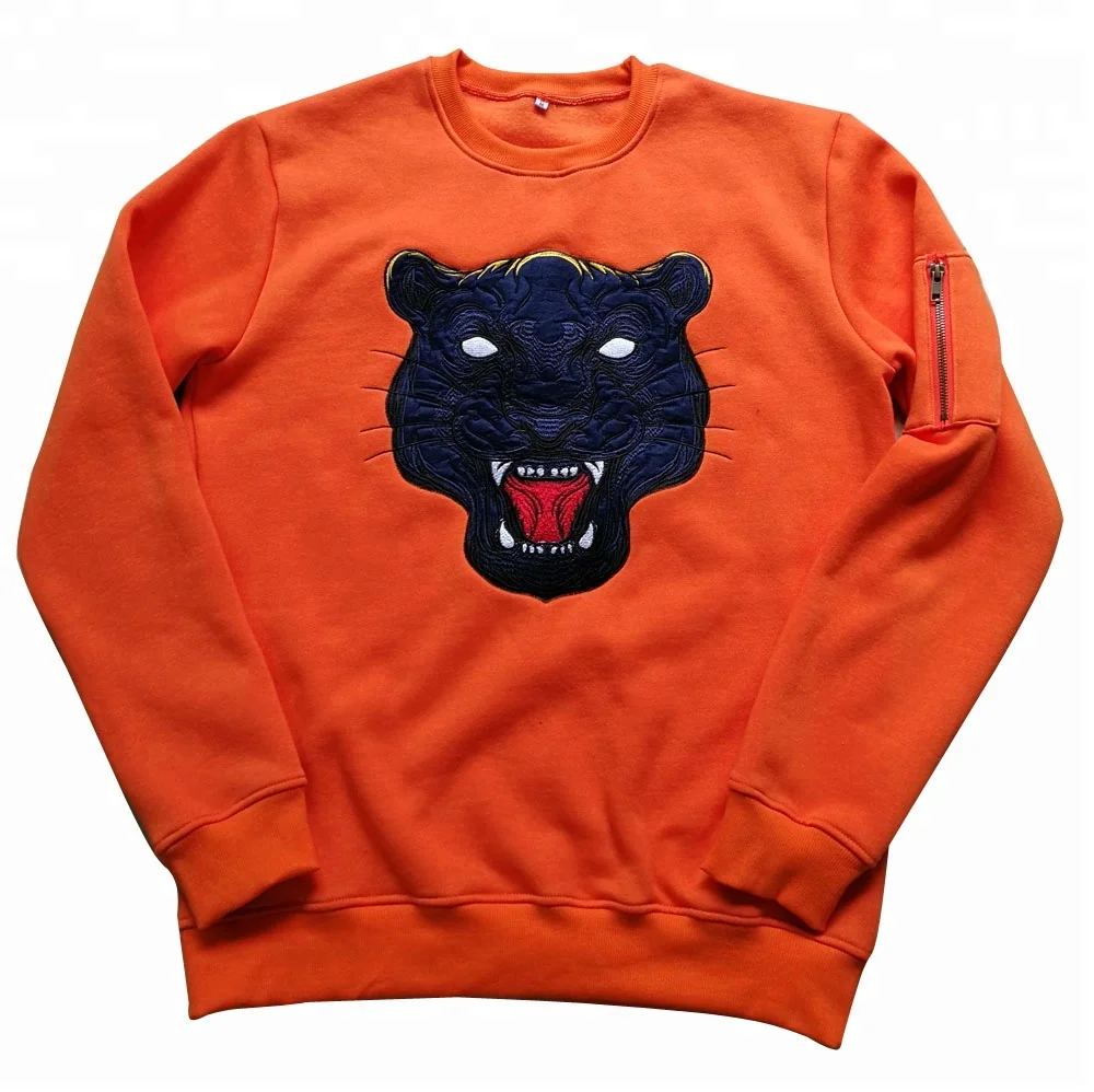 Orange Custom Cheetah embroidery crew neck sweater for men