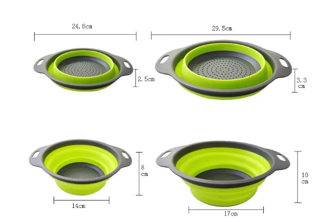 hot sale 2 Piece Folding Round Green Kitchen Colander Set Silicone Vegetable Fruit Basket Strainer