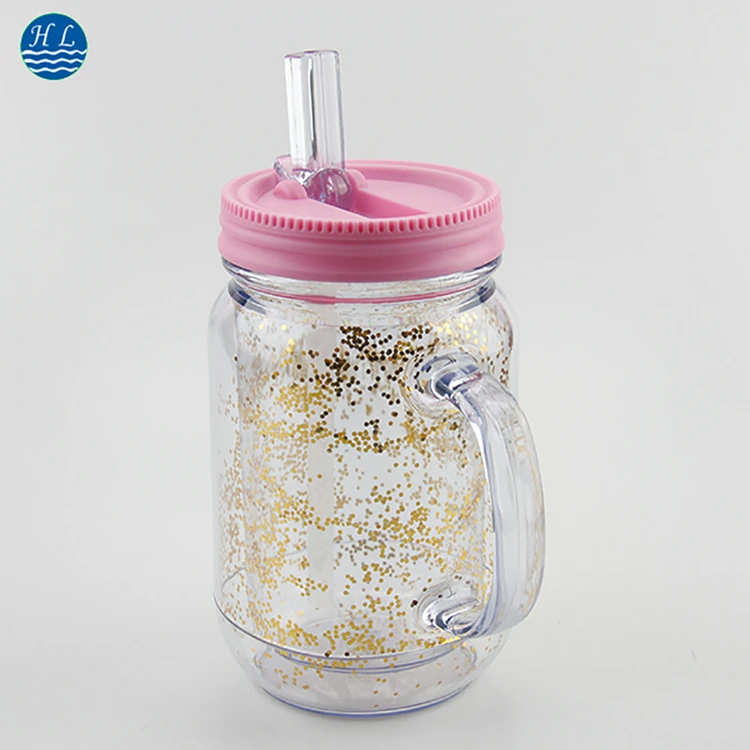 Factory direct supply 16 oz plastic mason jar with handle straw