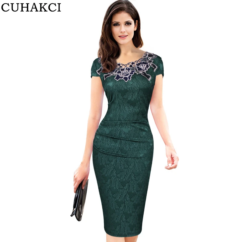 Plus Size Lace Career Dresses Floral Retro Bodycon Formal Dress Women New Knee Length Pencil Office Dress