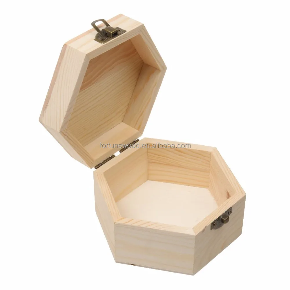 Plain Unfinished Box, Hexagon Unpainted Wooden Jewelry Box DIY Storage Chest Treasure Toy Case 13x 11x 7cm