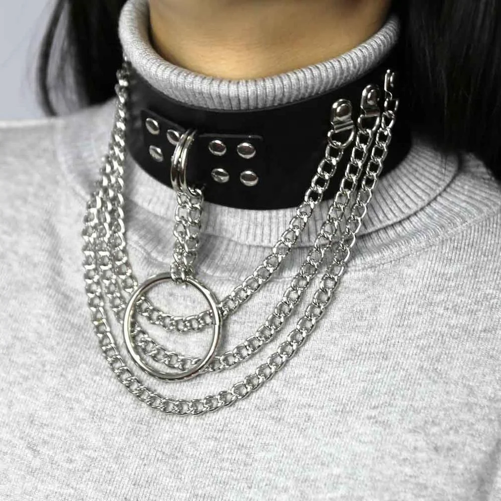 Sexy Vegan Choker Punk Harajuku Goth Chain Belt Necklace Pu Leather Bondage Cosplay Club Chained And Spiked Leather Collar