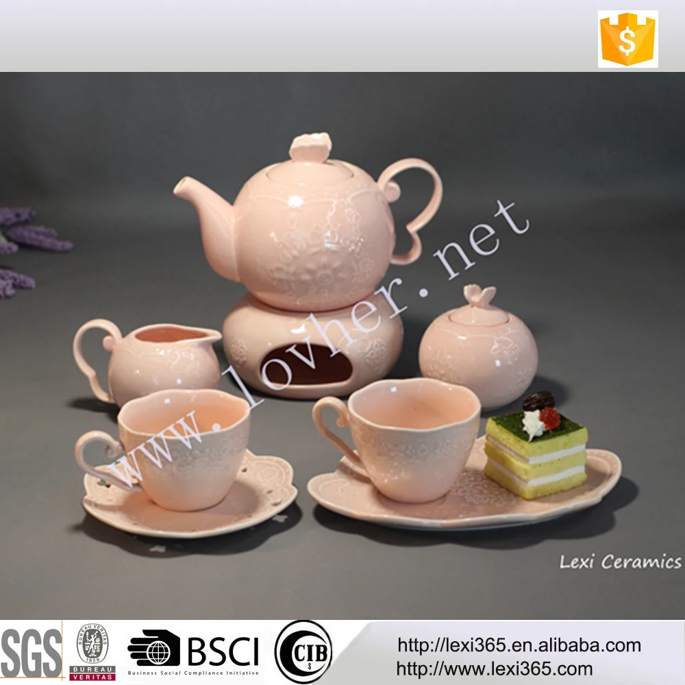 Elegant embossed new bone porcelain heated teapot with warmer for tea set Romantic sweet style