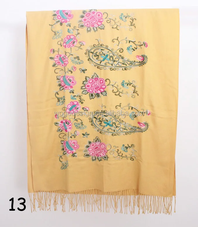 
New designer China factory vintage women viscose cashmere feeling shawl stole winter twill boho flower embroidery pashmina scarf 