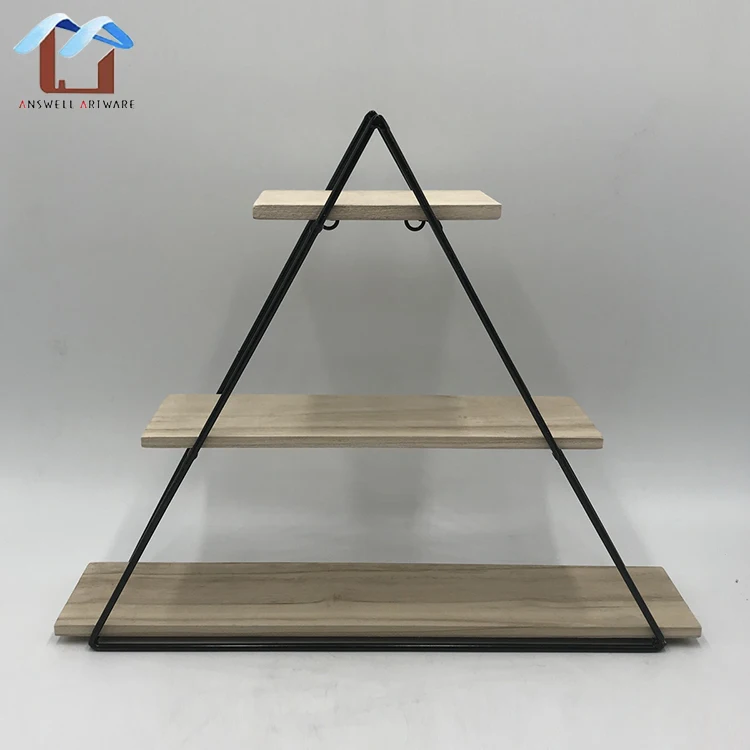 Decor Iron Framework Wooden 3 Tier Triangle Wall Shelf