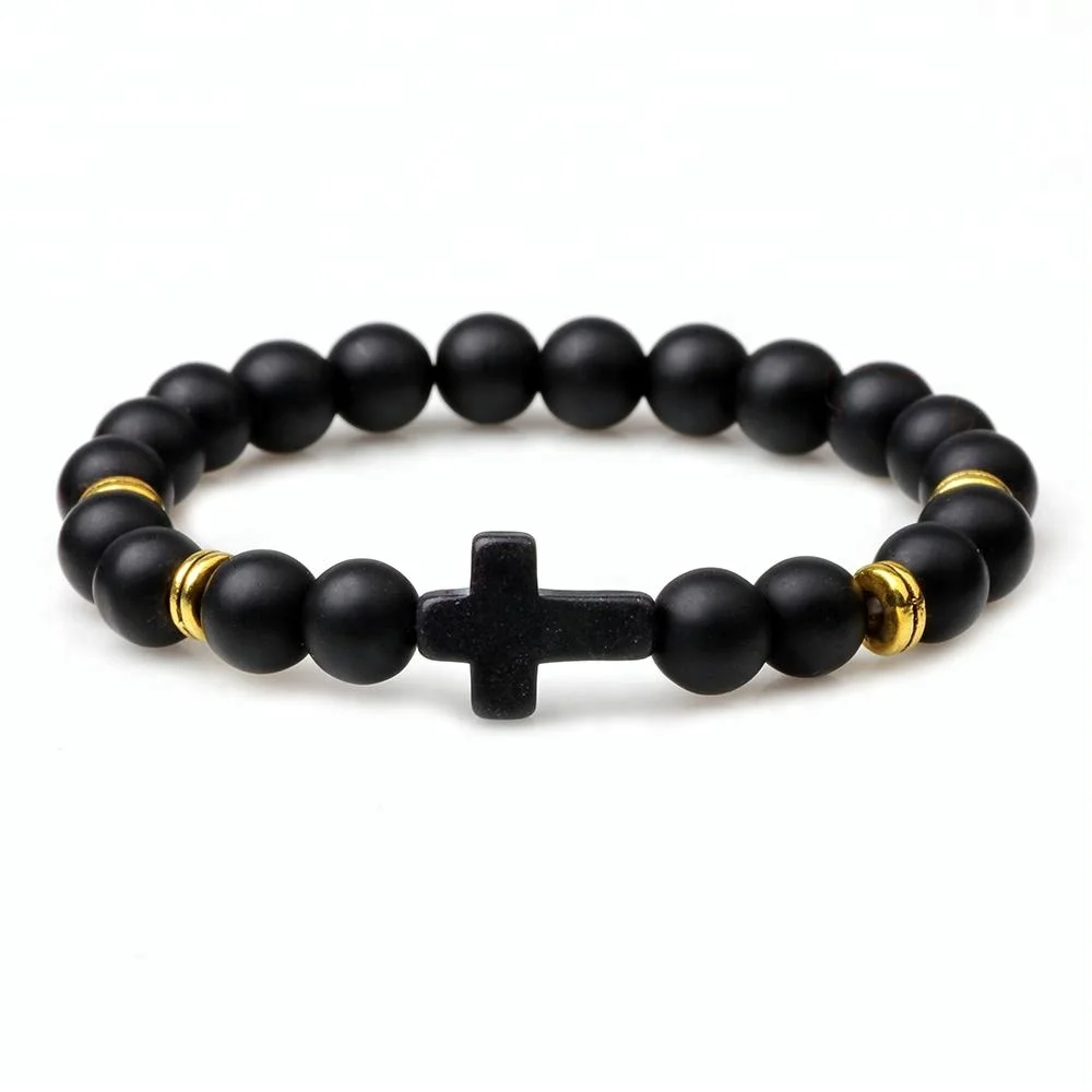 Fashion Acrylic Cross Turquoise Stones Agate Lava Stone Beaded Bracelet for women men