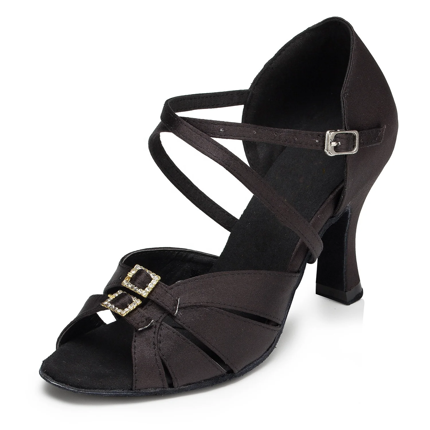 Женские туфли для латиноамериканских танцев из атласной/атласной ткани со стразами черного и бронзового цвета на каблуке 8 см L153