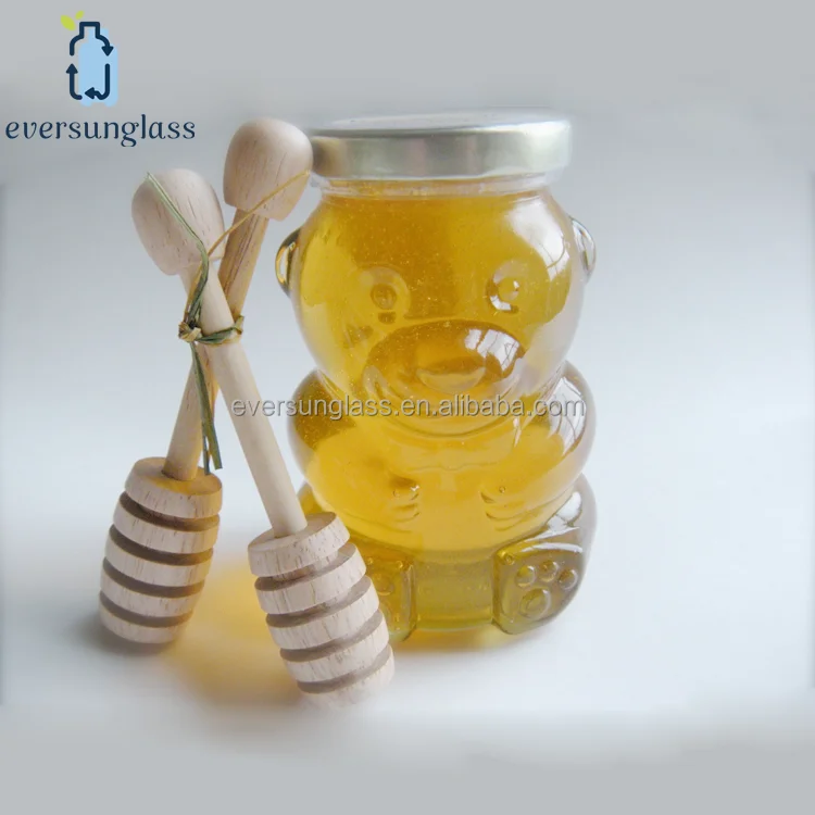 300g Bear Shape Glass Honey Bottles/Jars with Metal Cap and Dipper
