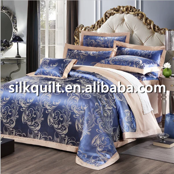 Голубой жаккардовый атласный Шелковый комплект постельного белья, роскошный пододеяльник/пододеяльник королевского размера