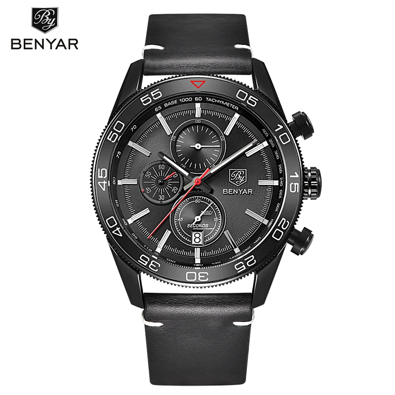 Good Price BENYAR Men Chronograph Waterproof Sport Genuine Leather Mens Wrist Military Army Watch 5106