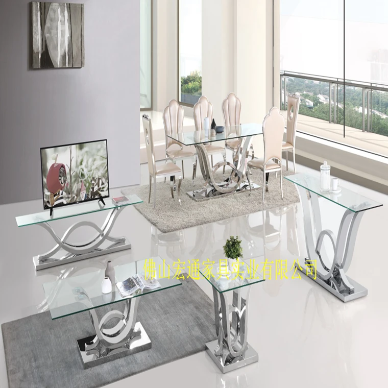 Europe popular dining room furniture stainless steel designs tempered glass top dining table and 6 chairs set