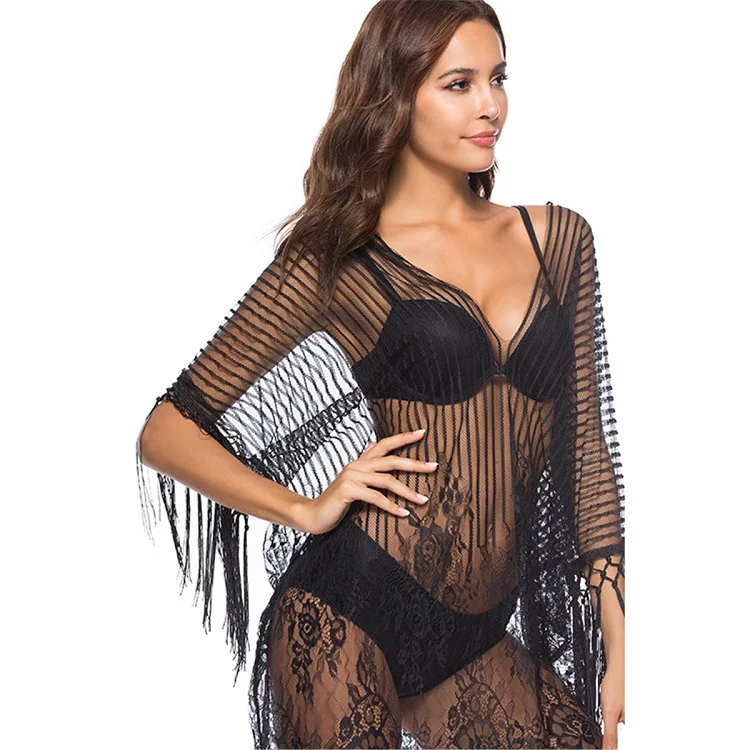 
Transparent Lace Small Tunic Black Perspective Crochet Lace Sexy V-neck Open Beach Dresses 