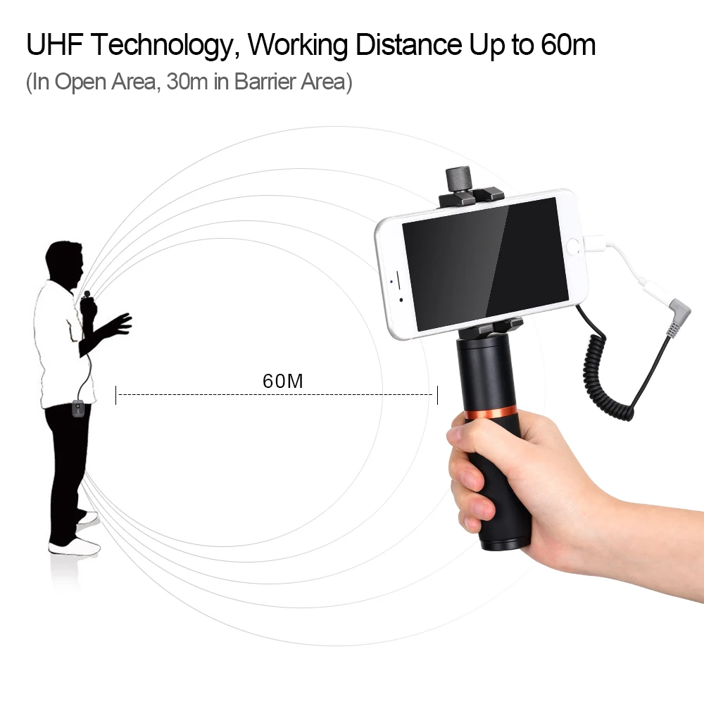 COMICA UHF 6 Channels and 60m Working Distance Wireless Lavalier Microphone for Smartphone with Ordinary Grip and Phone Holder