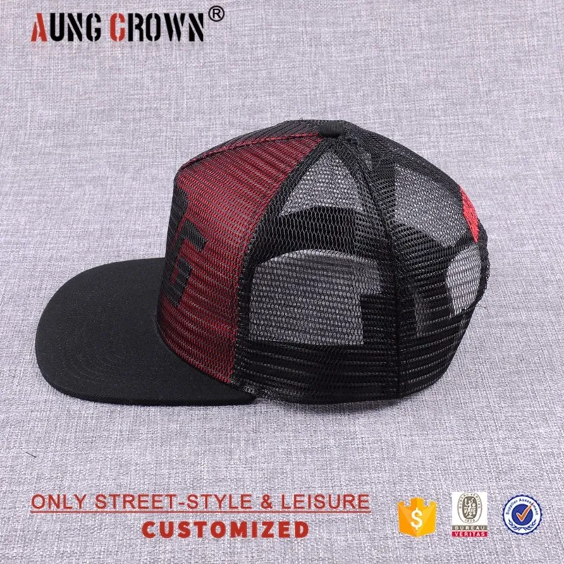 Hide applique logo flat brim full mesh trucker hat