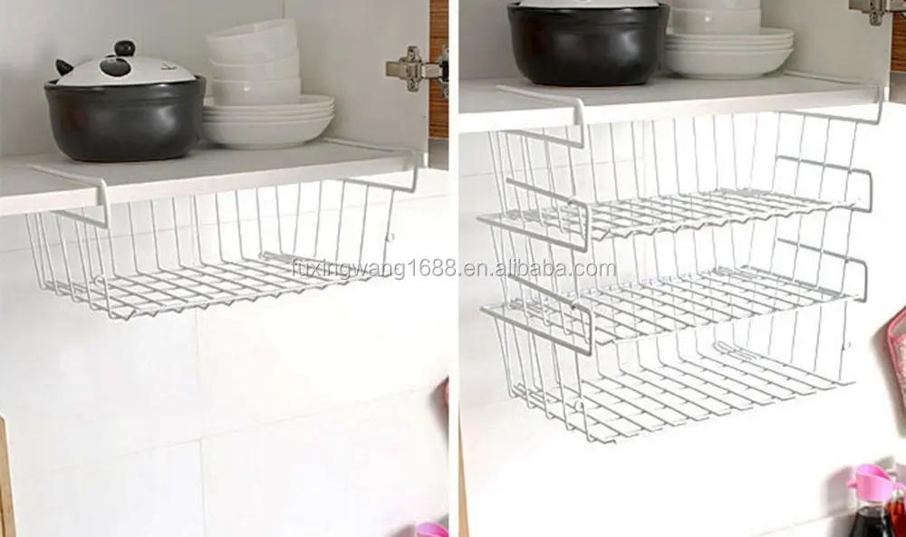 3 Tier Under Shelf Basket Wire Rack, White Wire Under Cabinet Storage Organization Basket