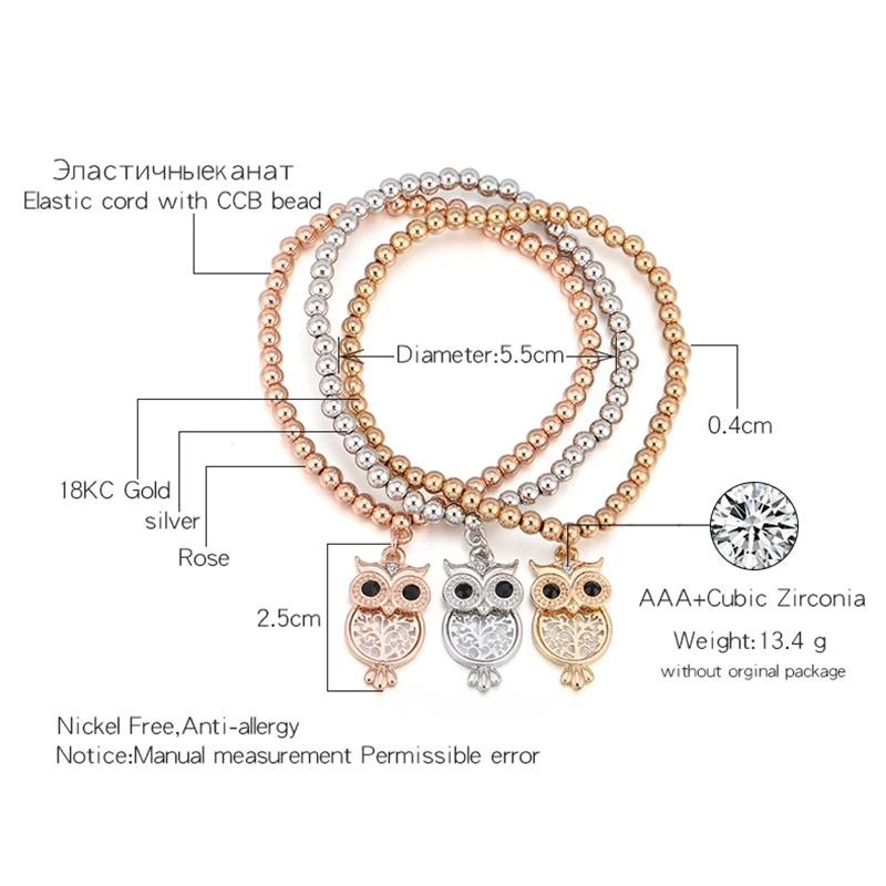 2020 Fashion Tree of Life Pendant Jewelry for Women Cute Owl with Crystal Elastic Corn Chain 3 Pcs/Set Bracelets SL05895