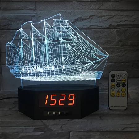 
Night Light 3D Acrylic 7 Color Change Remote Control Clock Calendar USB Sailboat Button Desk Lamp 