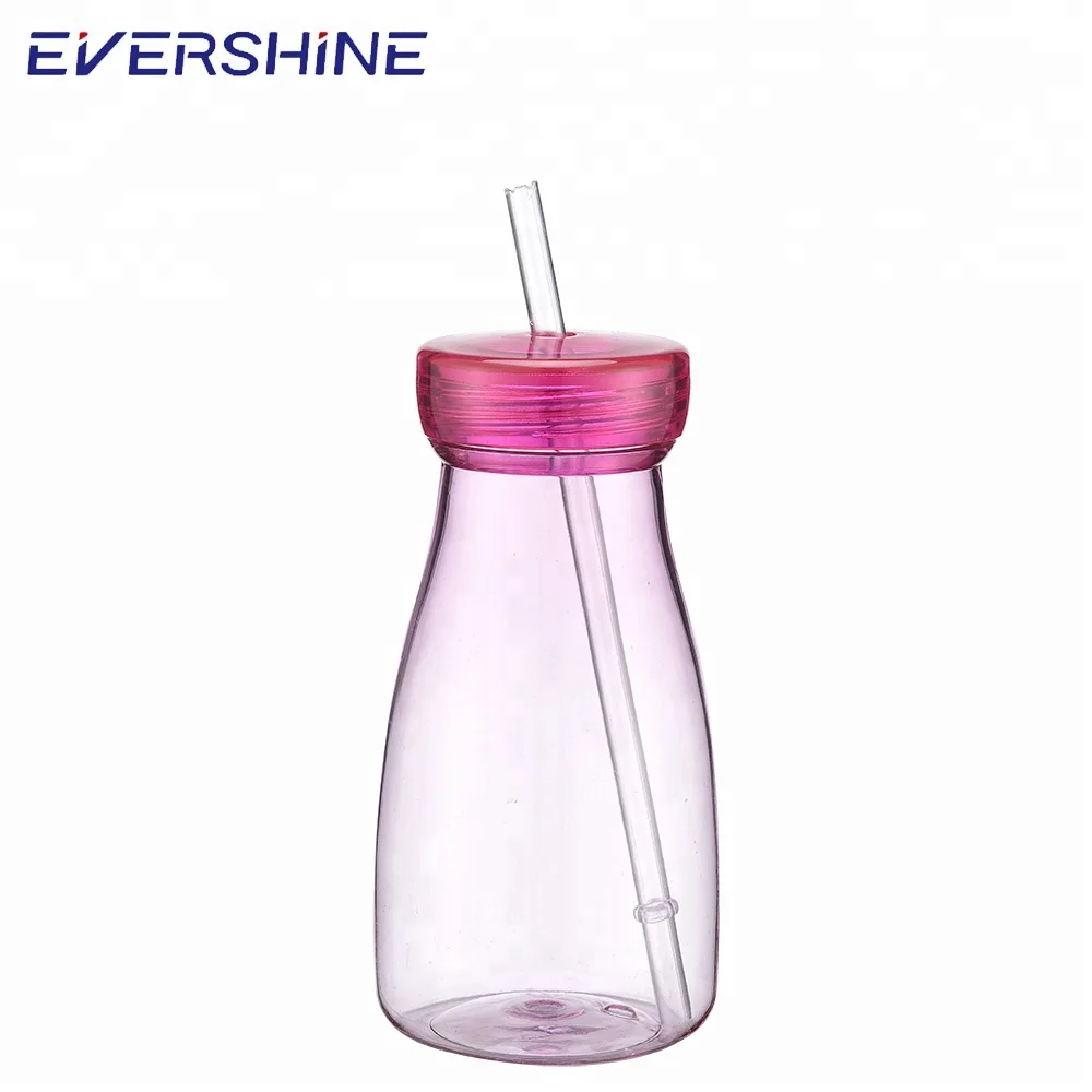 Cheap hot sale 350ml beverage plastic bottle milk bottle with straw