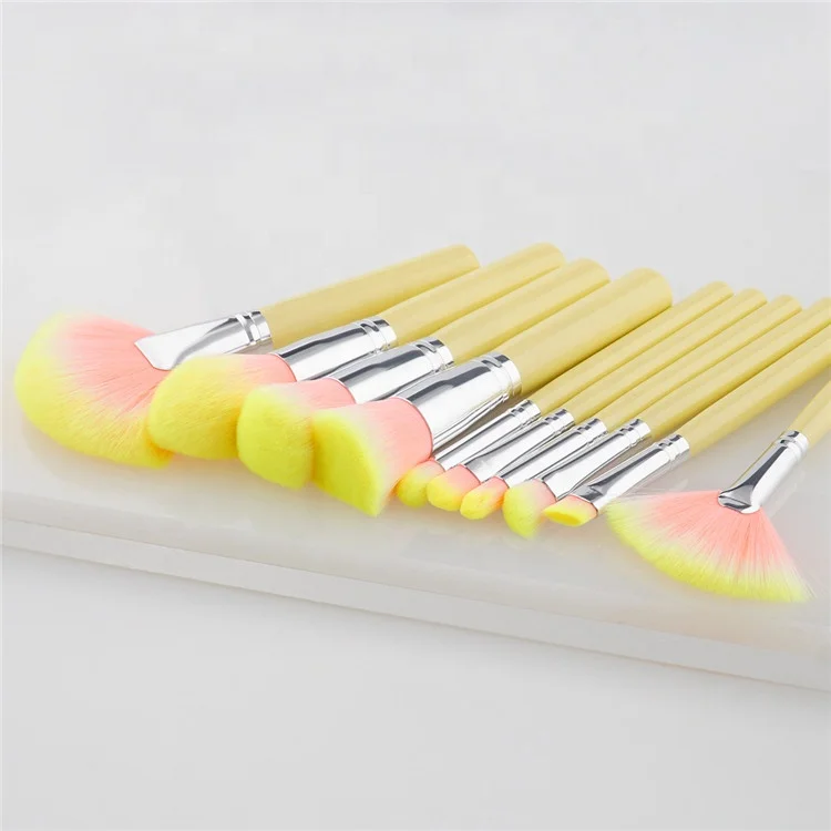 Wholesale High Quality Pink Yellow Beautiful Synthetic Pro Professional Makeup Brushes 10 Set Private Label