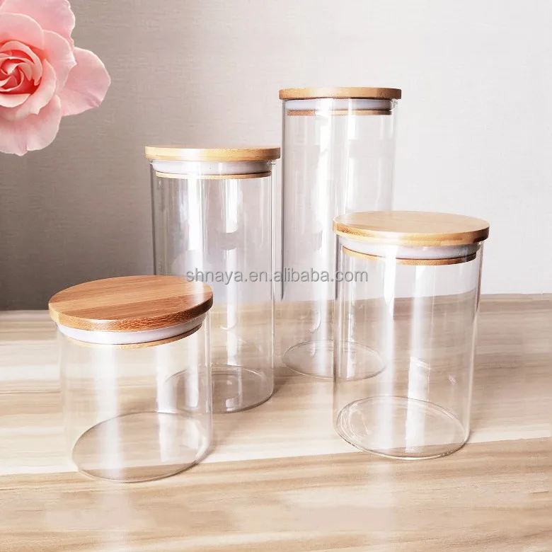 kitchen use borosilicate glass jar with bamboo lid