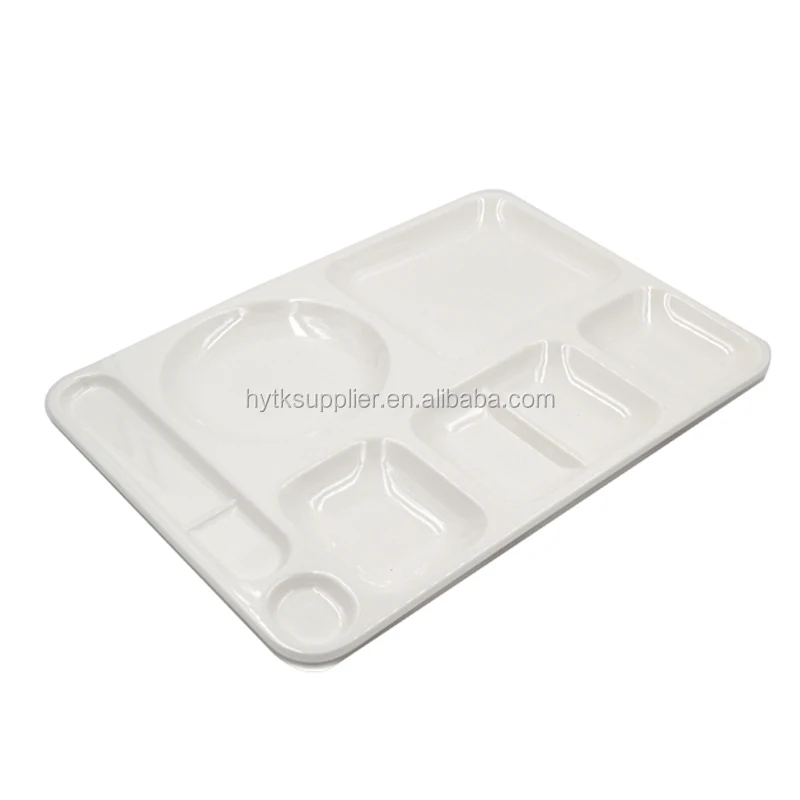 Blank white canteen melamine compartment tray, plastic tray for serving food